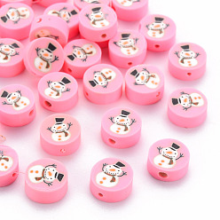 Pearl Pink Handmade Polymer Clay Beads, Flat Round with Christmas Snowman, Pearl Pink, 10x4mm, Hole: 1.6mm