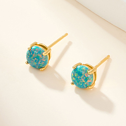 Golden Fashionable 925 Sterling Silver Inlaid Opal Stud Earrings, Flat Round, Golden, 6mm