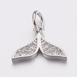 Платина Латунные микро проложить кубического циркония прелести, форма китового хвоста, прозрачные, платина, 9x12.5x2 мм, отверстие : 3 мм