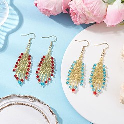 Mixed Color 2 Pairs Glass Seed Feather Dangle Earrings, with 304 Stainless Steel Earring Hooks, Golden, Mixed Color, 72.5x21.5mm