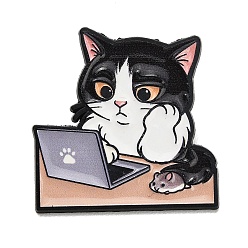 Черный Уставший рабочий кот с мышкой — эмалевые значки, Черные металлические застежки для значков на лацкан для рюкзака или одежды, чёрные, 33x32 мм