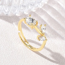 Claro Anillos ajustables de latón y cristal con forma de flor, chapado en rack, larga duración plateado, sin plomo y el cadmio, real 18 k chapado en oro, Claro, 9.5 mm, tamaño de EE. UU. 7 1/4 (17.5 mm)