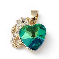 Green Real 18K Gold Plated Rack Plating Brass Micro Pave Cubic Zirconia Pendants, with Glass, Long-Lasting Plated, Cadmium Free & Lead Free, Sea Horse with Heart, Green, 16.5x15.5x8mm, Hole: 5x3mm