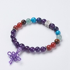 Amethyst Chakra-Schmuck, Stretch-Armbänder aus natürlichem Amethyst und Mischstein-Buddha, mit Messing-Zubehör, Würfel mit Om-Symbol, 2-1/4 Zoll (58 mm), Anhänger: 40x10 mm