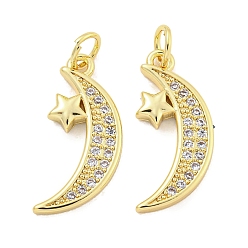 Настоящее золото 18K Покрытие стойки латунь микропаве прозрачные подвески из кубического циркония, с прыжковых колец, долговечный, без свинца и без кадмия, луна, реальный 18 k позолоченный, 20x9x2 мм, отверстие : 3 мм