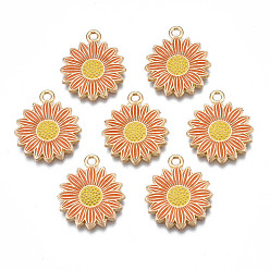 Коралловый Стойки обшивки сплава эмали подвески, без кадмия, без никеля и без свинца, золотой свет, цветок, коралл, 21x18x2 мм, отверстие : 1.8 мм