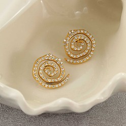 Золотой Вихревая спираль 304 серьги-гвоздики из нержавеющей стали для женщин, со стразами, золотые, 26x23 мм