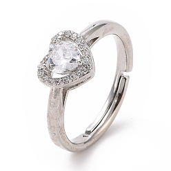 Платина Регулируемое кольцо в форме сердца из прозрачного кубического циркония, стеллаж для латунных украшений для женщин, без кадмия и без свинца, платина, размер США 6 1/2 (16.9 мм)