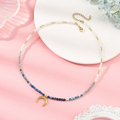 Moon 304 Stainless Steel Pendant Natural Mixed Gemstone & Pearl Beaded Necklaces for Women, Golden, Moon, 15.43 inch(39.2cm), pendant: 17x14.5mm