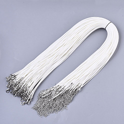 White Waxed Cotton Cord Necklace Making, with Alloy Lobster Claw Clasps and Iron End Chains, Platinum, White, 17.4 inch(44cm), 1.5mm