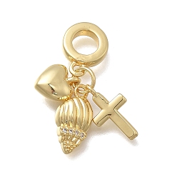 Shell Shape Латунь микропаве прозрачный кубический цирконий европейские подвески с подвесками, подвески в форме креста и сердца с большим отверстием, без кадмия и без свинца, долговечный, стойки покрытие, реальный 18 k позолоченный, формы раковины, 26.5 мм, отверстие : 5.5 мм, оболочкой: 13.5x7.5x2.5 mm