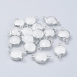 Weiß Flache runde Gliederverbinder aus versilbertem Messingglas, facettiert, weiß, 16x10.5x5 mm, Bohrung: 1.5 mm
