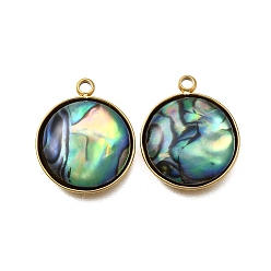Плоский Круглый 304 подвески из натуральной ракушки пауа из нержавеющей стали, ионное покрытие (ip), реальный 18 k позолоченный, плоско-круглые, 18x15x4 мм, отверстие : 1.8 мм