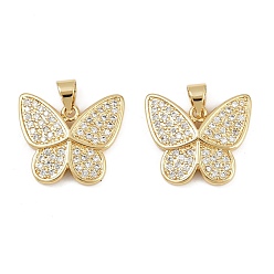 Настоящее золото 18K Латунные микропаве прозрачные подвески с фианитом, без кадмия и без свинца, бабочка, реальный 18 k позолоченный, 17x19.5x2.5 мм, отверстие : 4x3 мм