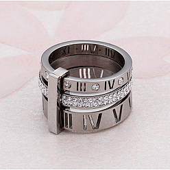 Нержавеющая Сталь Цвет Римские цифры 304 кольца из нержавеющей стали и хрустальных страз, цвет нержавеющей стали, размер США 7 (17.3 мм)