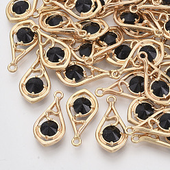 Черный Граненые подвески стекла, с настройками открытой спины из экологически чистого сплава, без никеля , слеза, золотой свет, чёрные, 21x11x3.5 мм, отверстие : 1.6 мм