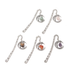 Mixed Stone Mixed Natural Gemstone Moon Bookmarks, Tibetan Style Alloy Hook Bookmark, 124mm