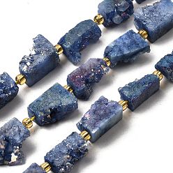 Морской Синий Гальванические натуральный druzy шарики агата стренг, прямоугольные, с бисером, Marine Blue, 15~16.5x7.5~9.5x7.5~12 мм, отверстие : 1 мм, около 10 шт / нитка, 7.36''~7.48'' (18.7~19 см)