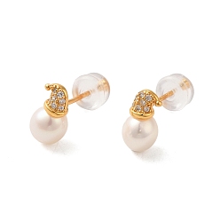 Real 18K Gold Plated Sterling Silver Studs Earrings, with Natural Pearl,  Cubic Zirconia, Jewely for Women, Real 18K Gold Plated, 16x5mm
