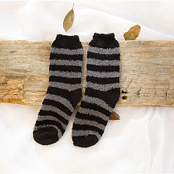 Black Stripe Pattern Polyester Faux Fur Knitting Socks, Winter Warm Thermal Socks, Black, 250x70mm