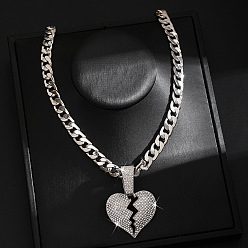 Сердце Ожерелья с кубинской цепочкой в стиле хип-хоп из цинкового сплава с кристаллами и стразами, серебряный цвет гальваническим, сердце, 23.62 дюйм (60 см), Кулон : 60x40 мм