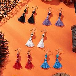 (52) Непрозрачная лаванда 304 из нержавеющей стали болтаться серьги, с подвеской из синтетической бирюзы и поликоттона с кисточкой, цвет нержавеющей стали, разноцветные, 63~64x30~35 мм