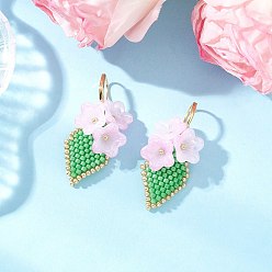 Розовый Серьги-цветы ручной работы из стеклянных бусинок с застежкой-молнией, с акрилом и 304 нержавеющей сталью, золотые, туманная роза, 40~41x20 мм