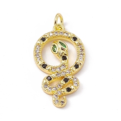 Golden Brass Micro Pave Cubic Zirconia Pendants, Snake Charm, Golden, 28.5x14.5x3mm, Hole: 3mm