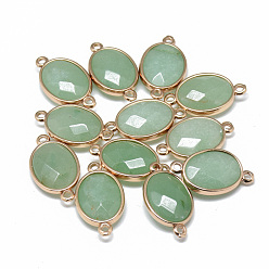 Зеленый Авантюрин Соединители звеньев натурального зеленого авантюрина, с фурнитурой латунной золотого тона, граненые, овальные, 25x14x6~7 мм, отверстие : 2 мм