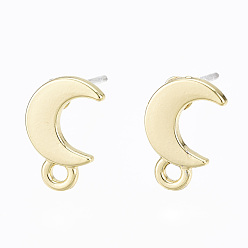 Light Gold Alloy Stud Earring Findings, with Loop and Steel Pin, Moon with Plastic Protective Cover, Light Gold, 11x7mm, Hole: 1.4mm, Pin: 0.7mm