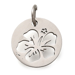Нержавеющая Сталь Цвет 304 прелести нержавеющей стали, с целью перехода в кольце, плоская круглая с подвеской в виде цветка, лазерная резка, цвет нержавеющей стали, 11.5x1 мм, отверстие : 3 мм