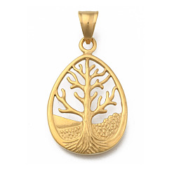 Golden 304 Edelstahl Anhänger, Träne mit Baum, golden, 36.5x24x3 mm, Bohrung: 9x5 mm