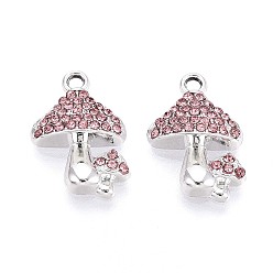 Розовый Подвески из сплава со стразами, гриб, без кадмия, без никеля и без свинца, платина, светло-розовый, 18x12x4 мм, отверстие : 1.6 мм