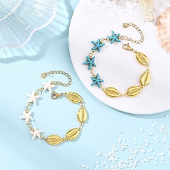 Mixed Color 2Pcs 2 Styles 304 Stainless Steel & Synthetic Turquoise Link Chain Bracelets for Women, Shell Shape & Starfish, Real 18K Gold Plated, Mixed Color, 7.09 inch(18cm), 1pc/style