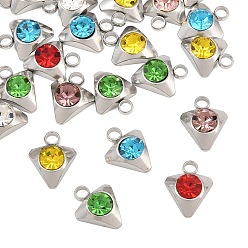 Mixed Color 201 Stainless Steel Rhinestone Pendants, Triangle Charms, Stainless Steel Color, Mixed Color, 10x8x4mm, Hole: 2mm