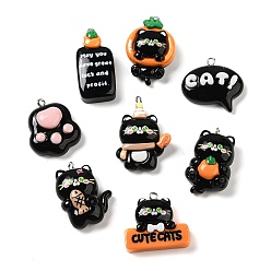 Cat Shape Непрозрачные подвески смолы, с платиновыми железными петлями, чёрные, форма кошки, 24.5~34x16.5~27x8.5~11 мм, отверстие : 2 мм