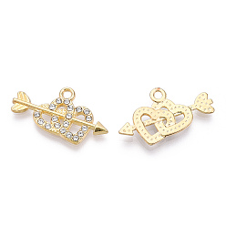 Light Gold Подвески из сплава , с кристально горный хрусталь, без кадмия и без свинца, кулоны в форме сердца со стрелой, на день Святого Валентина, золотой свет, 14.5x26x2.5 мм, отверстие : 1.8 мм