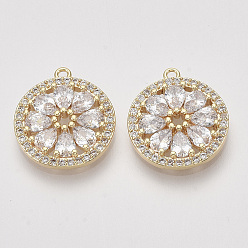 Настоящее золото 18K Латунные микро проложить кубического циркония подвески, плоско-круглые, прозрачные, без никеля , реальный 18 k позолоченный, 16.5x15x3 мм, отверстие : 1.2 мм