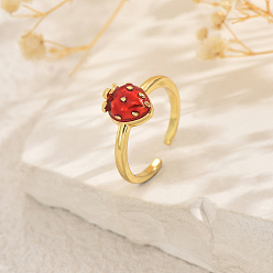 Клубника Фруктовые темы латунные манжеты открытые кольца для женщин, с эмалью, золотые, клубника, 10x7 мм, внутренний диаметр: 16мм~18мм