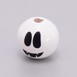 Blanco Cuentas de madera de Schima, tema de halloween, redondo con patrón de expresión, blanco, 15.50~16 mm, agujero: 4 mm