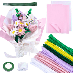 (52) Непрозрачная лаванда Наборы для самостоятельного изготовления букетов из палочек для скручивания цветов, включая очистители труб, железный стебель цветочный пруток, оберточной бумаги, нейлоновая органзовая лента и малярный скотч, разноцветные, 300x5~6 мм