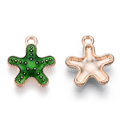 Verde Colgantes de la aleación del esmalte, la luz de oro, estrella de mar / estrellas de mar, verde, 16x14x3 mm, agujero: 1.5 mm