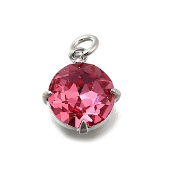 Светло-Вишневый Плоская круглая латунь со стеклянными подвесками, одиночные каменные прелести, без кадмия и без свинца, долговечный, стойки покрытие, платина, светло-вишневый, 11x9.5x4.5 мм, отверстие : 2 мм