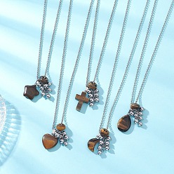 Mixed Shapes Подвеска из натурального тигрового глаза с синтетическими немагнитными бусинами из гематита 304 цепочка роло из нержавеющей стали, сердце крест слеза, цвет нержавеющей стали, разнообразные, 28.15 дюйм (71.5 см)