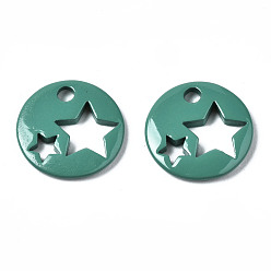 Teal Spray Painted Brass Charms, Flat Round with Star, Teal, 14.5x14.5x2.5mm, Hole: 2mm