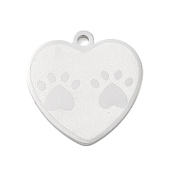 Color de Acero Inoxidable 304 colgantes de acero inoxidable, dijes de corazón con huellas de patas, Pulido, color acero inoxidable, 20.5x20x1.5 mm, agujero: 1.9 mm
