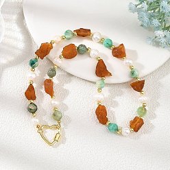 Ámbar Collares con cuentas de ámbar natural en bruto, jaspe verde redondo y perlas de patata, con colgantes de cierre de mosquetón de latón., dorado, 17.32 pulgada (44 cm)