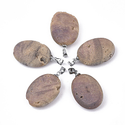 Dark Salmon Electroplate Natural Druzy Geode Agate Pendants, with Brass Findings, Oval, Platinum, Dark Salmon, 28~29x18.5x7mm, Hole: 4.5x4mm