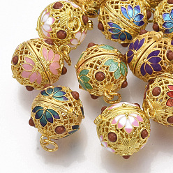Golden Rack Plating Brass Cage Pendants, For Chime Ball Pendant Necklaces Making, with Enamel and Iron Jump Rings, Hollow Round with Flower, Mixed Color, Golden, 22x18x20.5mm, Hole: 4mm, inner measure: 15.5mm