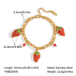 Настоящее золото 18K 304 Браслеты с подвесками в виде красной клубники из нержавеющей стали с эмалью для женщин, реальный 18 k позолоченный, 6-1/4 дюйм (16 см)